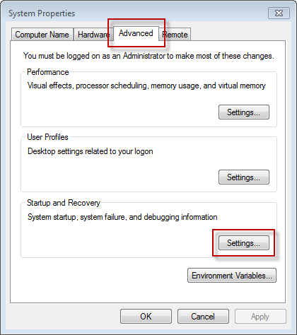 System Properties - Blue Screen Crash Analysis