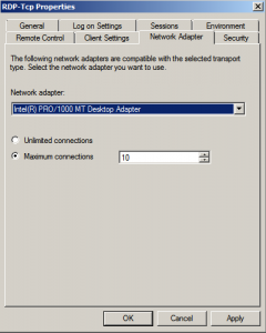 RDP-TCP Properties Compatible Adapters