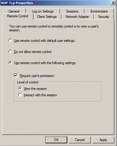 RDP-TCP Properties Require User Permission