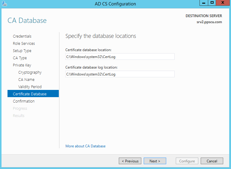 AD CS Configuration Database Location