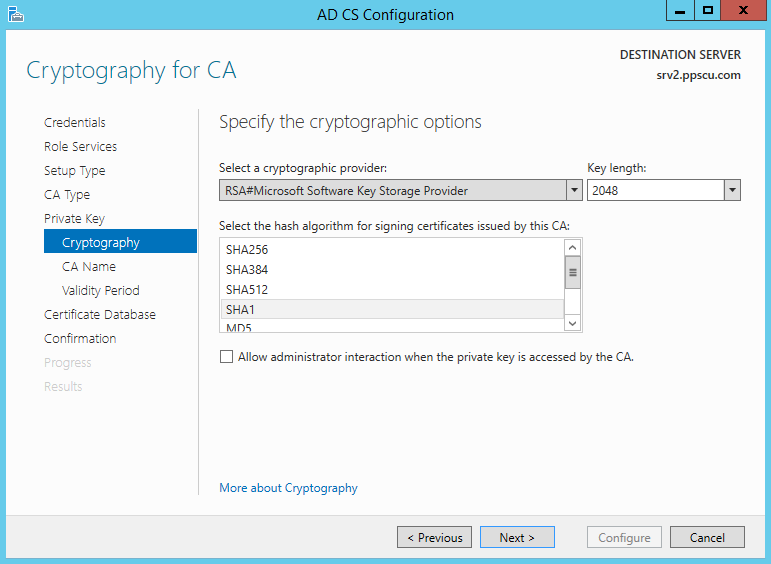 Cryptography for CA Key 2048 Hash SHA1