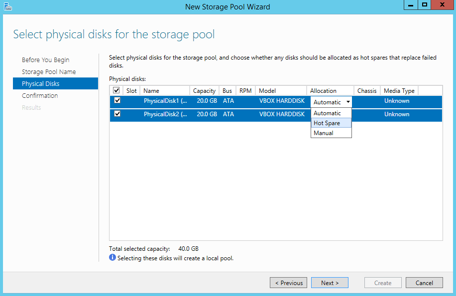 Storage Pool Wizard - Select Physical Disks