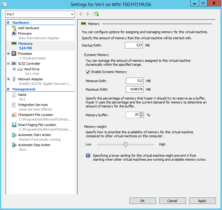 VM Settings Dynamic Memory