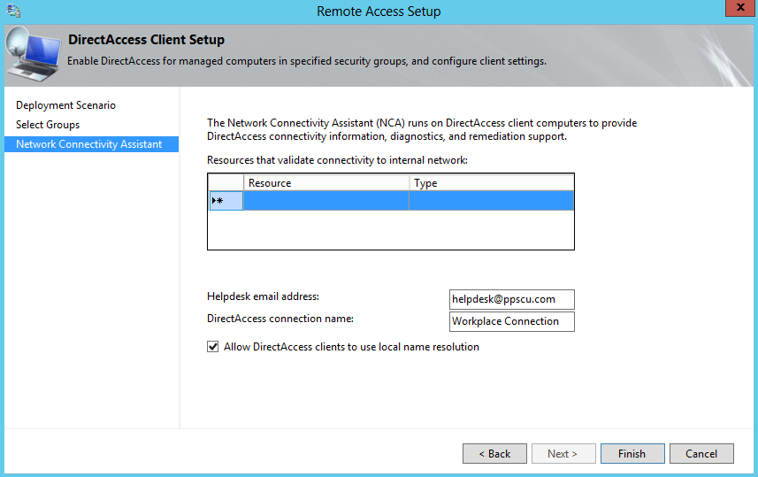 DirectAccess - Enter HelpDesk Email
