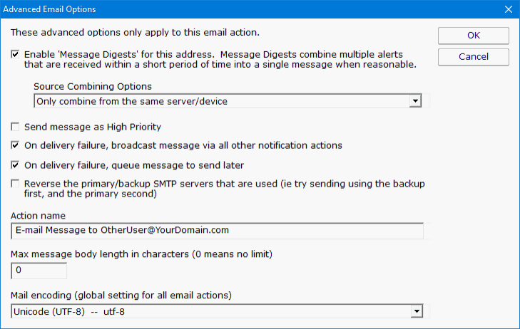 E-mail Action Advanced Options
