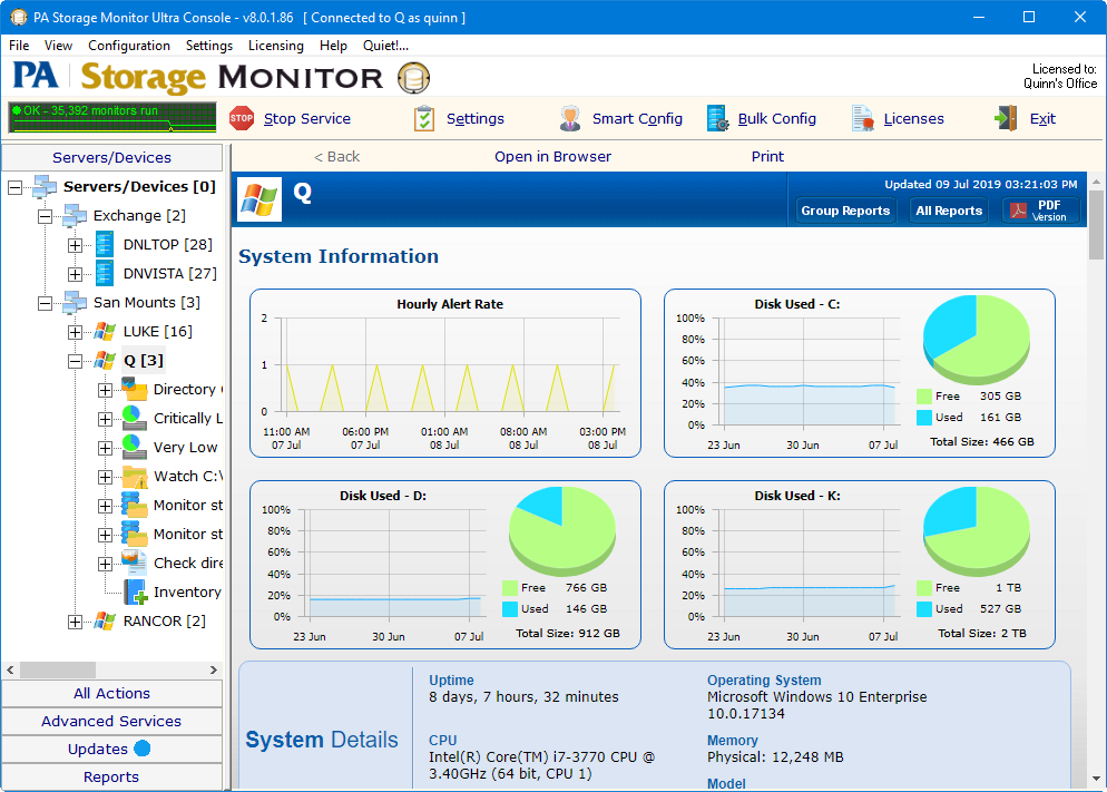 PA Storage Monitor's server status report